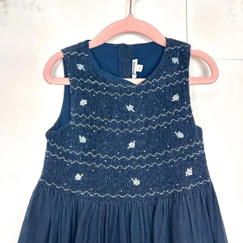 Jacadi Paris Dress Girls 6A Blue Embroidered Sleeveless Corduroy Cotton Smocked